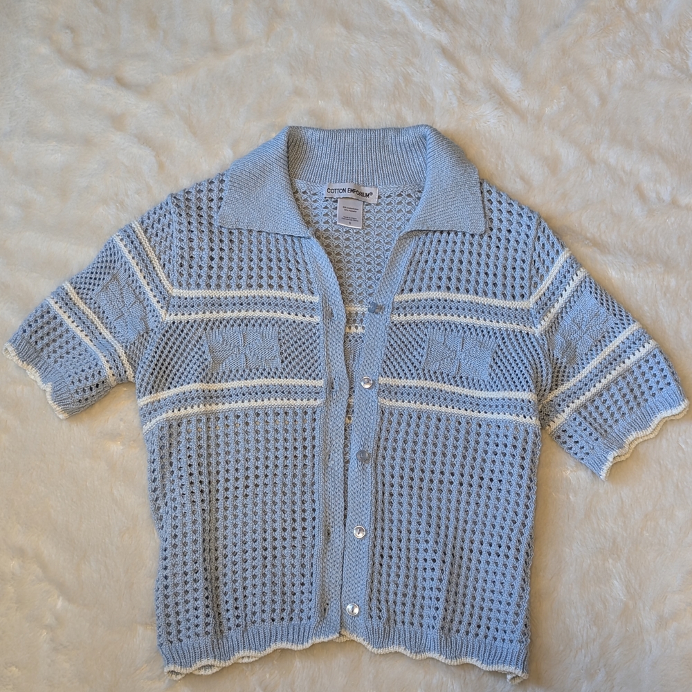 Cotton Emporium Light Blue and White Knit Top